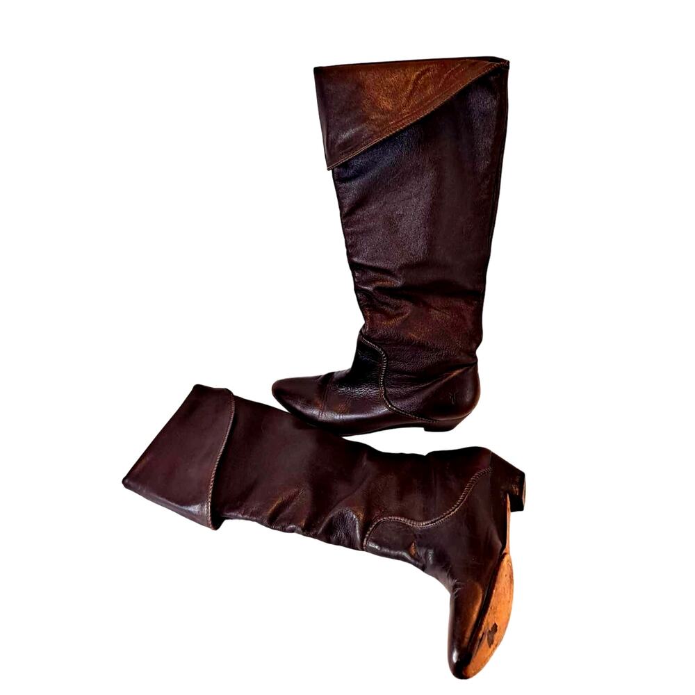 Frye Cowboy Boots Womens 8.5M Leather Foldover Boots Brown 1.5" H Vintage Tall